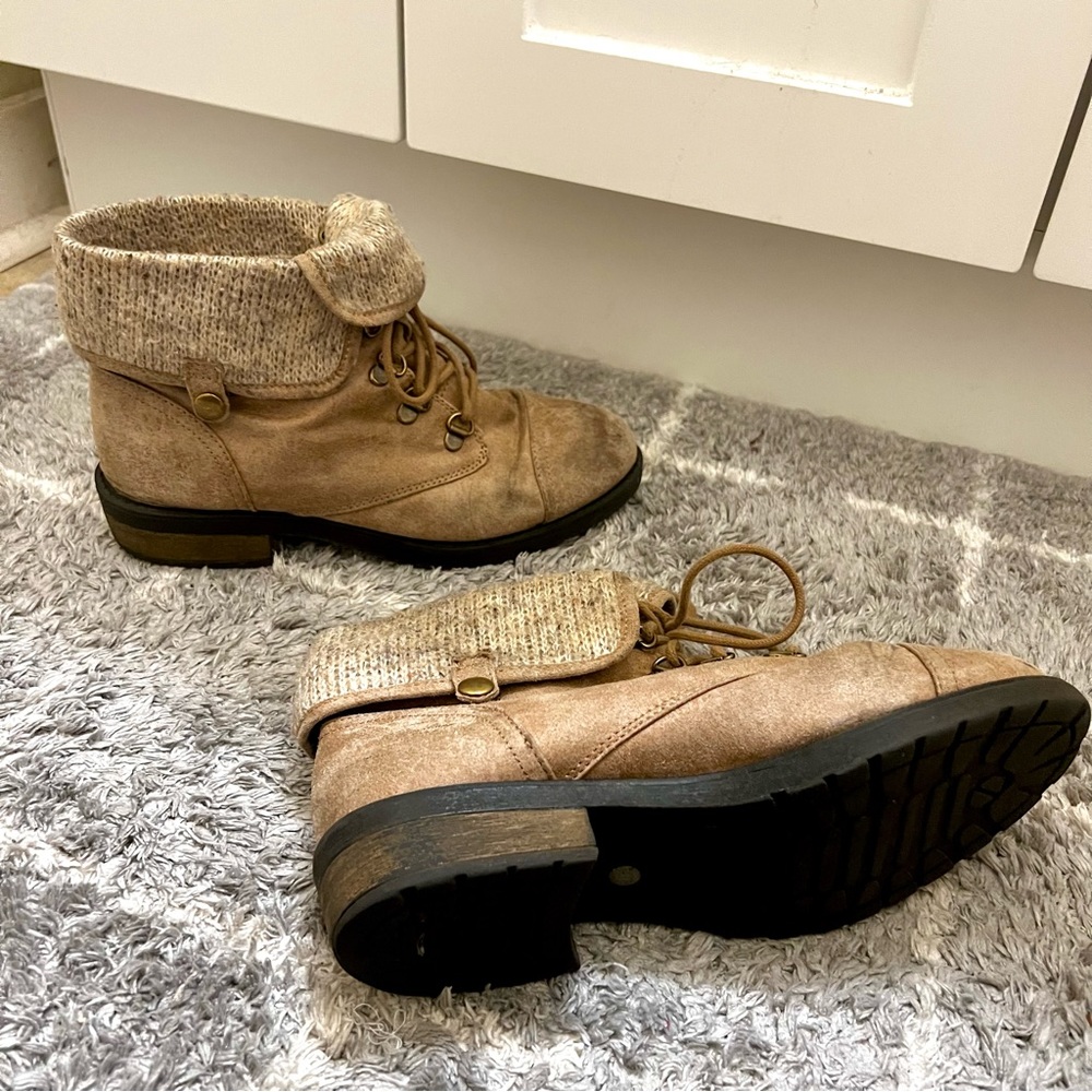Brown Tan Ankle Boots Combat Boots lace up versatile adjustable 2 in 1 button - Picture 5 of 12